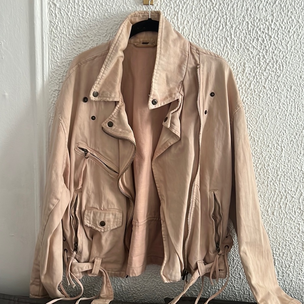 Free People Pink Denim Moto Jacket
